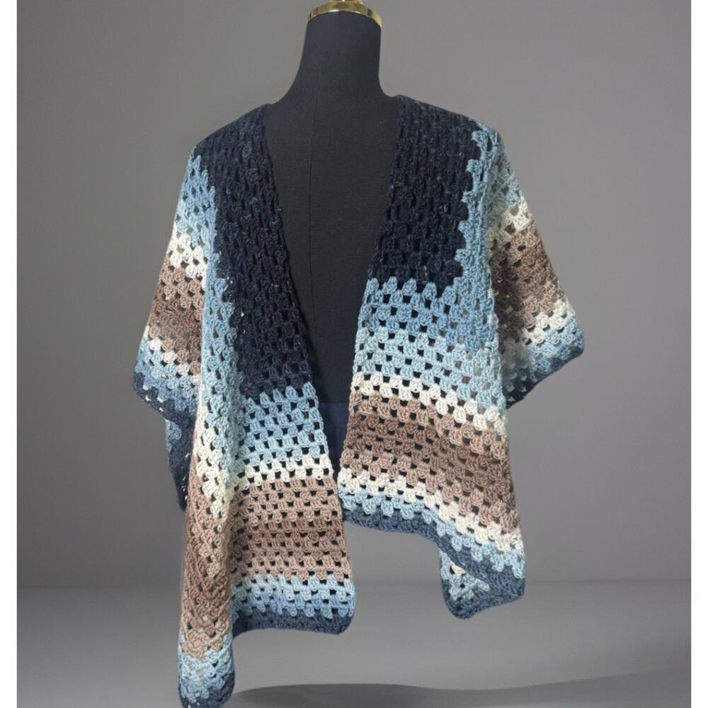 Handmade Crochet Poncho Shawl Blue Brown Cream Granny Square Boho Wrap New